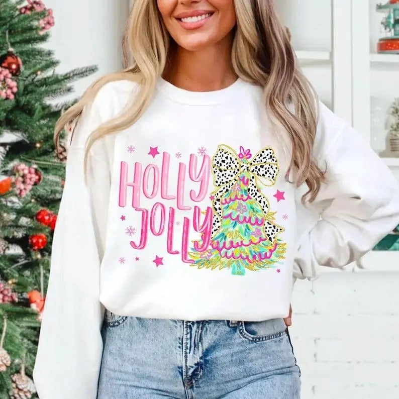 Colorful Glitter Holly Jolly Coquette Tree - Adult & Kids T-Shirts, Sweatshirts & Hoodies apparel design preview 1
