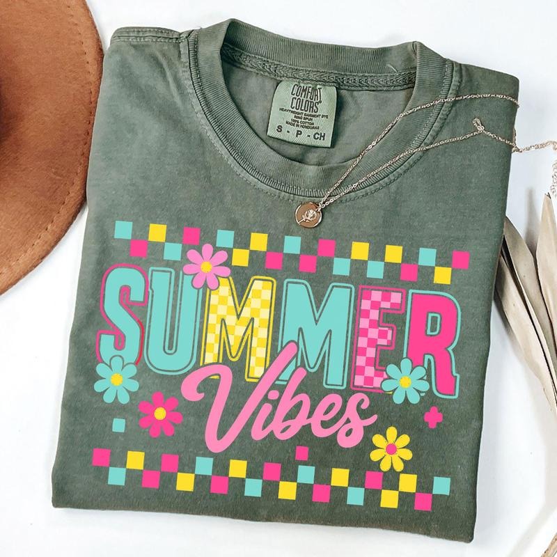 Comfort Colors Checkered Summer Retro Floral Hello - Adult & Kids T-Shirts, Sweatshirts & Hoodies apparel design preview 1