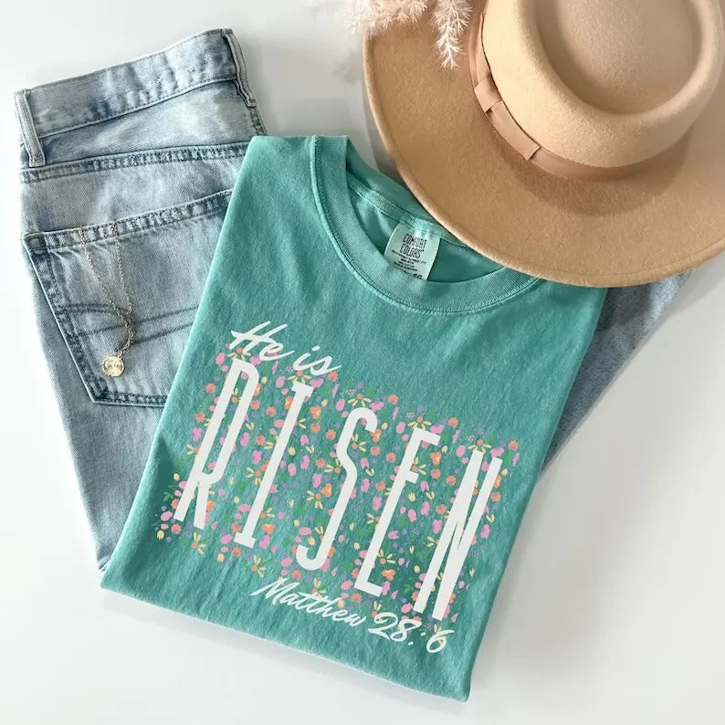 Comfort Colors He Is Risen Easter Floral Jesus - Adult & Kids T-Shirts, Sweatshirts & Hoodies apparel design preview 1
