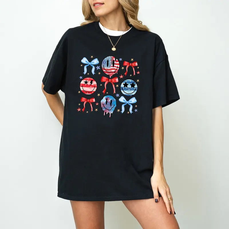 Coquette American Girly Flag Bow 4th July Smiley Face - Adult & Kids T-Shirts, Sweatshirts & Hoodies apparel design preview 1