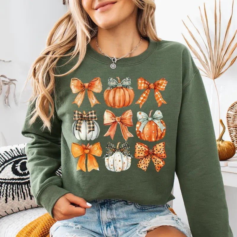 Coquette Bow Pumpkin Cozy Retro Fall Autumn Season - Adult & Kids T-Shirts, Sweatshirts & Hoodies apparel design preview 1