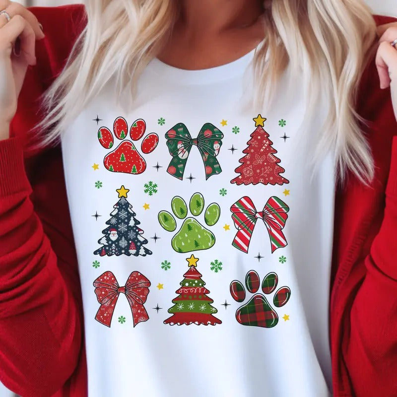 Coquette Dog Mama Paw Collage Merry Bow Print Top - Adult & Kids T-Shirts, Sweatshirts & Hoodies apparel design preview 1