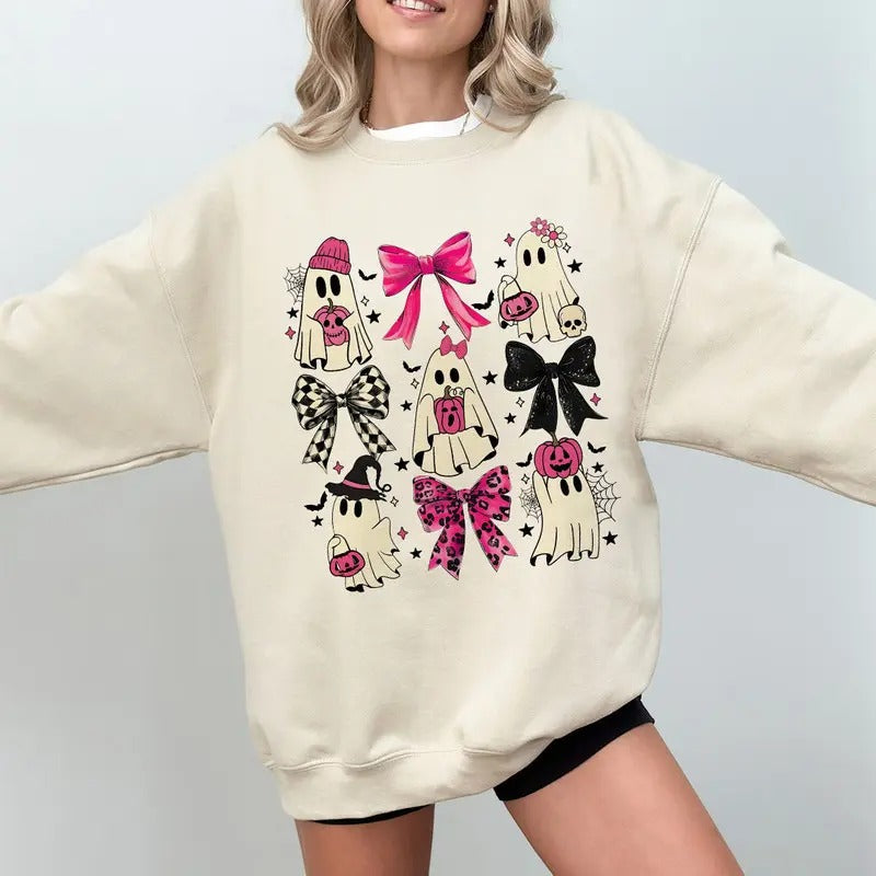 Coquette Halloween Pumpkin Cute Ghost Bow Spooky - Adult & Kids T-Shirts, Sweatshirts & Hoodies apparel design preview 1