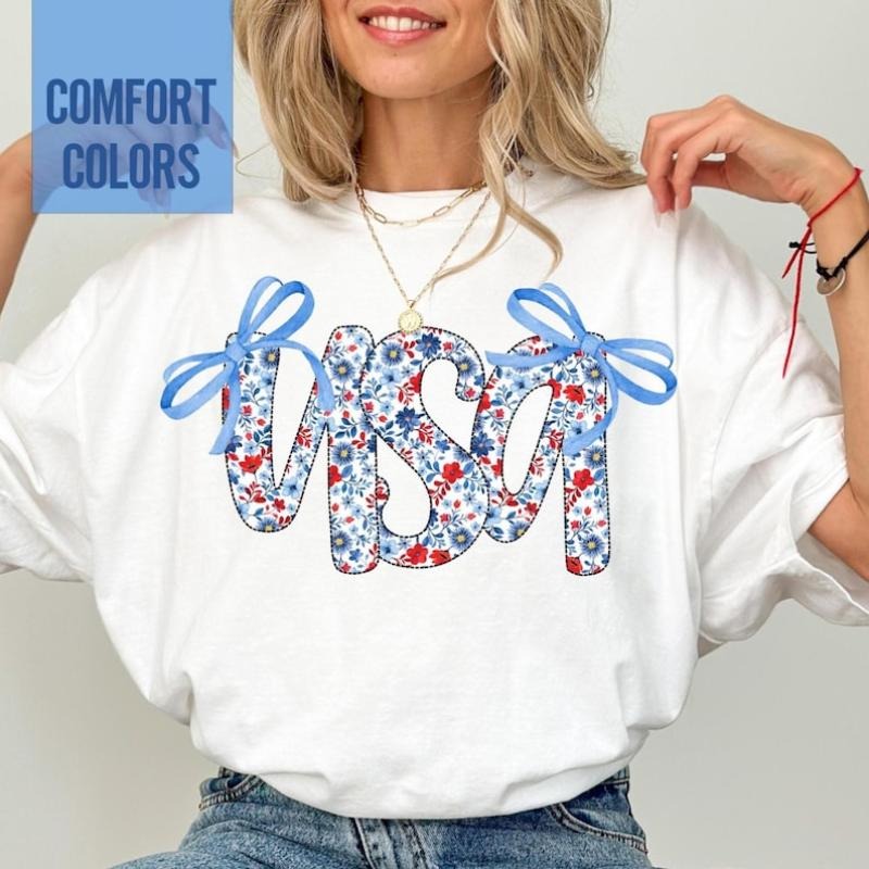 Coquette USA 4th July Stars Stripes Flag Floral - Adult & Kids T-Shirts, Sweatshirts & Hoodies apparel design preview 1