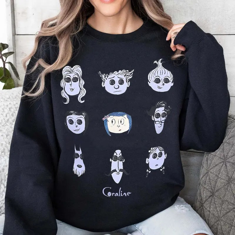 Coraline Button Face All Characters Horror Movies - Adult & Kids T-Shirts, Sweatshirts & Hoodies apparel design preview 1