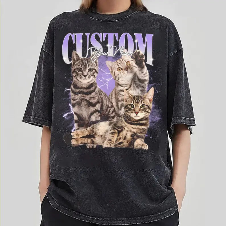 Custom Photo Cat Bootleg 90s Rap Your Own Change Here - Adult & Kids T-Shirts, Sweatshirts & Hoodies apparel design preview 1