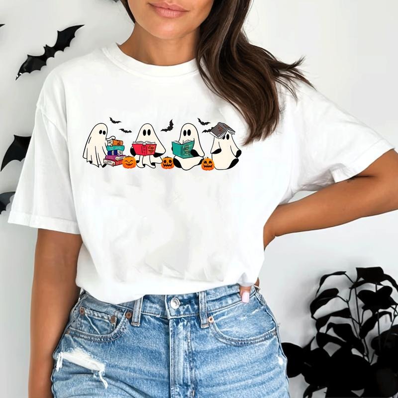 Cute Boo Ghost Reading Books Hallowen Fall Spooky - Adult & Kids T-Shirts, Sweatshirts & Hoodies apparel design preview 1