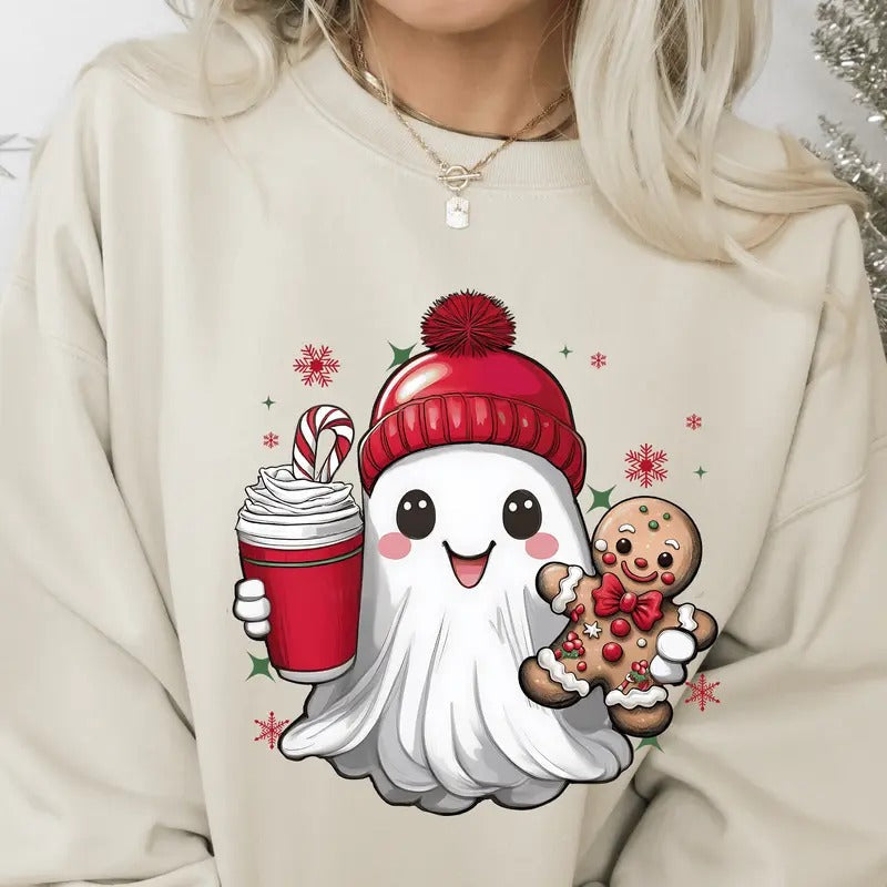 Cute Ghost Gingerbread. Casual Everyday Softstyle - Adult & Kids T-Shirts, Sweatshirts & Hoodies apparel design preview 1