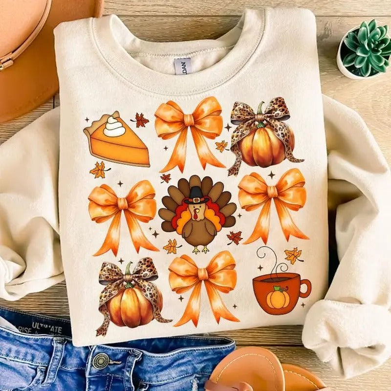 Cute Coquette Bows Turkey Pumpkin Pie Thanksgiving - Adult & Kids T-Shirts, Sweatshirts & Hoodies apparel design preview 1