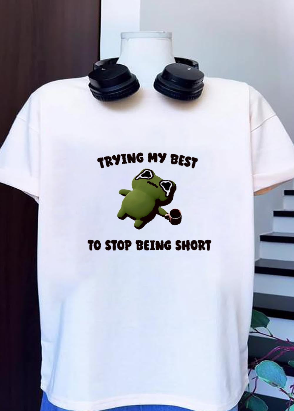 Cute Frog Trying My Best to Stop Being Short - Adult & Kids T-Shirts, Sweatshirts & Hoodies apparel design preview 1