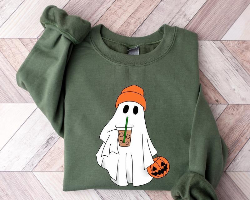 Cute Ghost Drinking Coffee Ice Spooky Season Fall - Adult & Kids T-Shirts, Sweatshirts & Hoodies apparel design preview 1