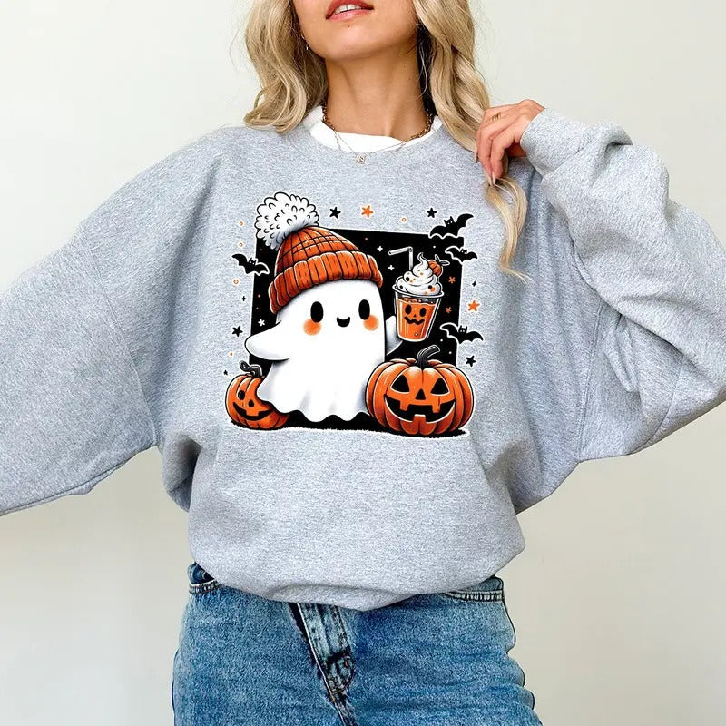 Cute Ghost Drinking Coffee Ice Spooky Season Fall - Adult & Kids T-Shirts, Sweatshirts & Hoodies apparel design preview 1
