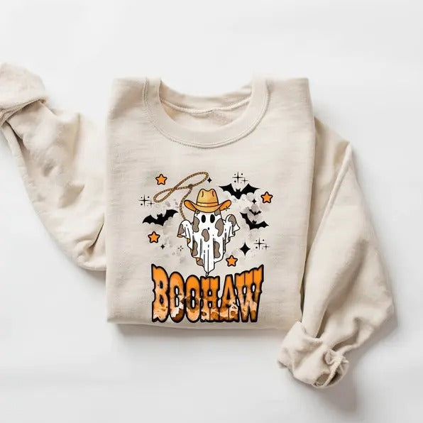 Cute Ghost Halloween Boo Haw Western Retro Country - Adult & Kids T-Shirts, Sweatshirts & Hoodies apparel design preview 1