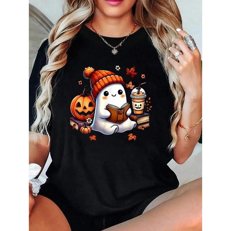 Cute Ghost Reading Book Lovers Halloween Coffee 100% - Adult & Kids T-Shirts, Sweatshirts & Hoodies apparel design preview 1