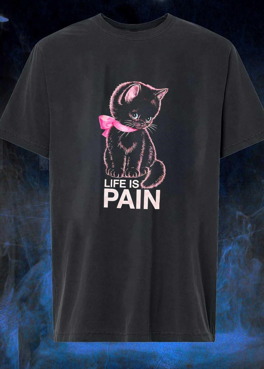 Cute Kitten With Pink Ribbon Life Is Pain - Adult & Kids T-Shirts, Sweatshirts & Hoodies apparel design preview 1