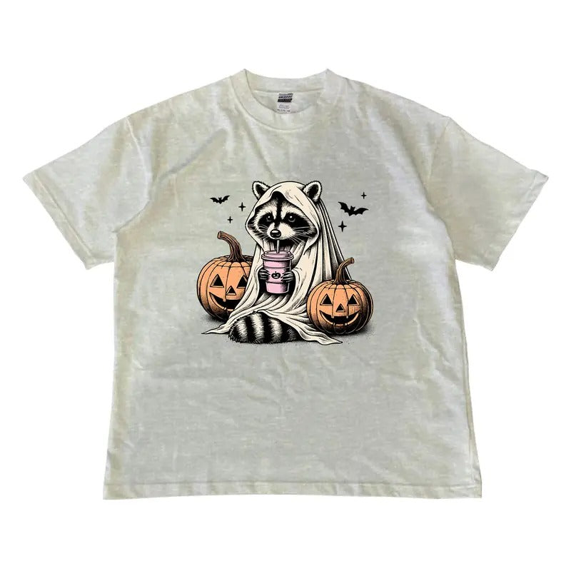 Cute Raccoon Ghost Halloween Retro Spooky Season MW - Adult & Kids T-Shirts, Sweatshirts & Hoodies apparel design preview 1