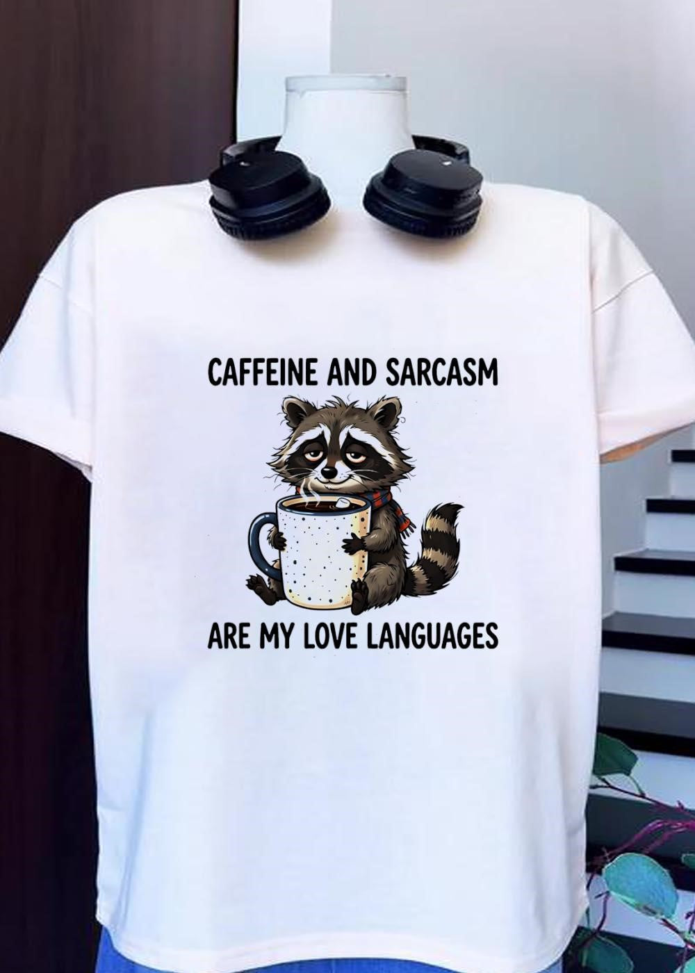 Cute Raccoon Holding Coffee Mug Caffeine and Sarcasm - Adult & Kids T-Shirts, Sweatshirts & Hoodies apparel design preview 1