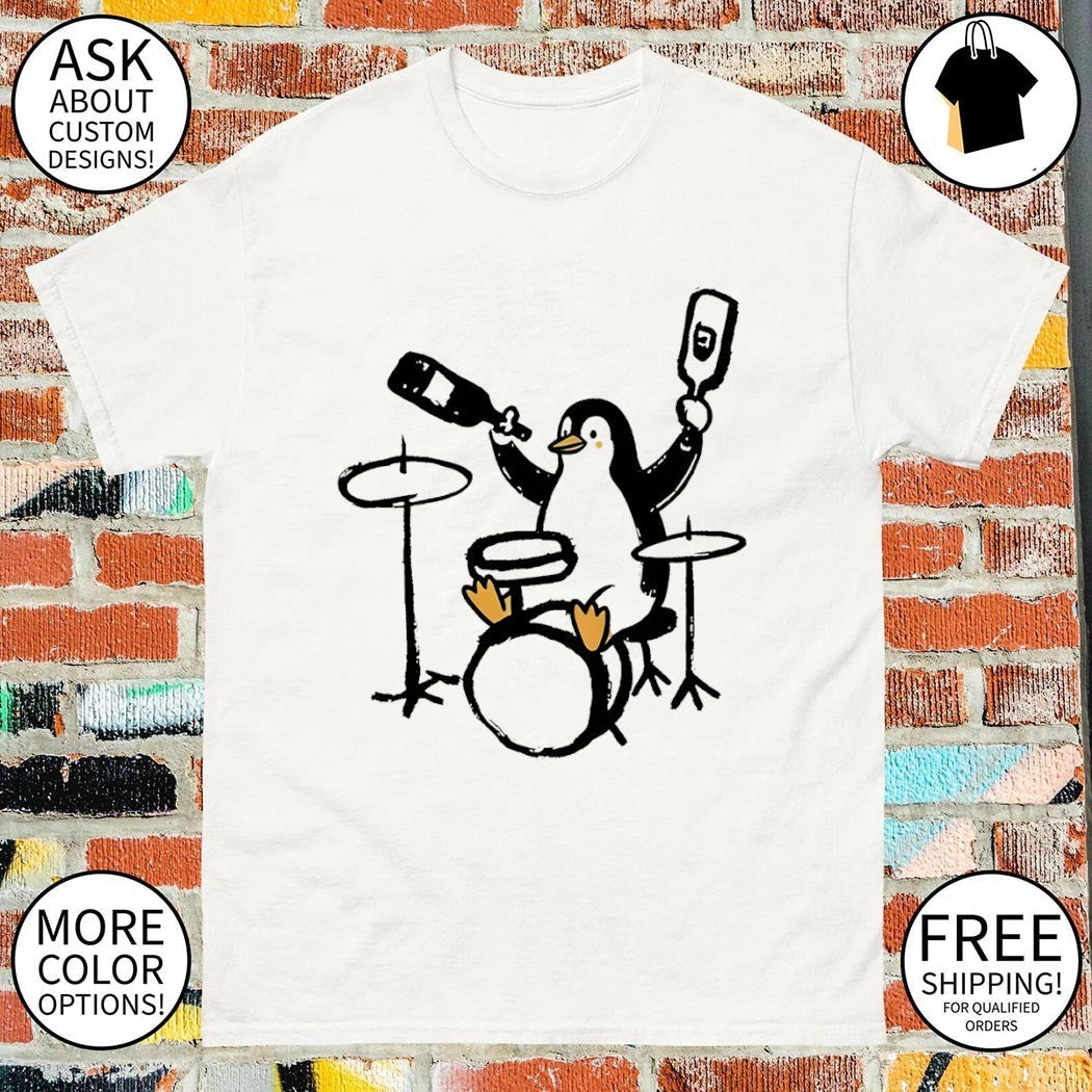 Cute penguin play drum drink wine - Adult & Kids T-Shirts, Sweatshirts & Hoodies apparel design preview 1