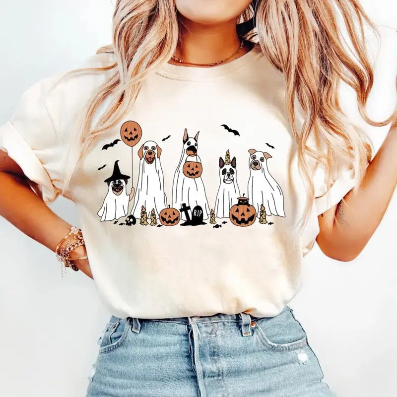 СUte Ghost Dog Halloween Spooky Season Lovers Cute - Adult & Kids T-Shirts, Sweatshirts & Hoodies apparel design preview 1
