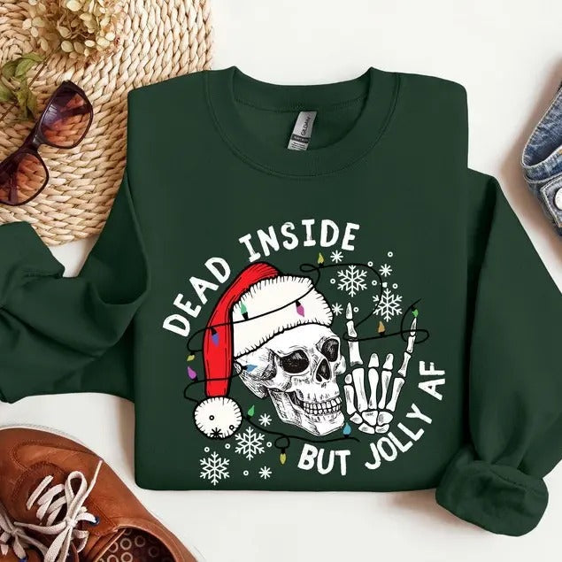 Dead Inside But Jolly AF Skeleton Funny Holly Spirit - Adult & Kids T-Shirts, Sweatshirts & Hoodies apparel design preview 1