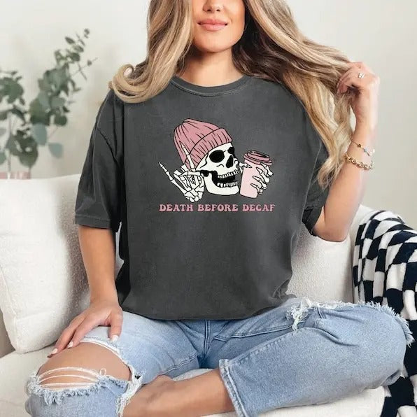 Death Before Decaf Coffee Funny Lover Rock Skeleton - Adult & Kids T-Shirts, Sweatshirts & Hoodies apparel design preview 1