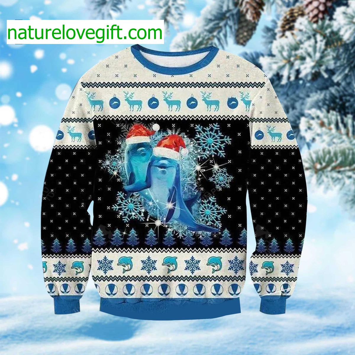 Dolphin With Snowflakes Ugly Christmas Sweater - Holiday Gift product image