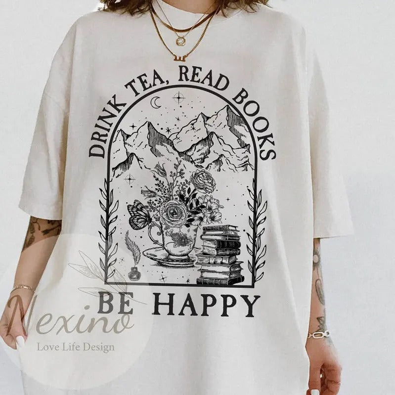 Drink Tea Read Books Be Happy Librarian Short Sleeve - Adult & Kids T-Shirts, Sweatshirts & Hoodies apparel design preview 1