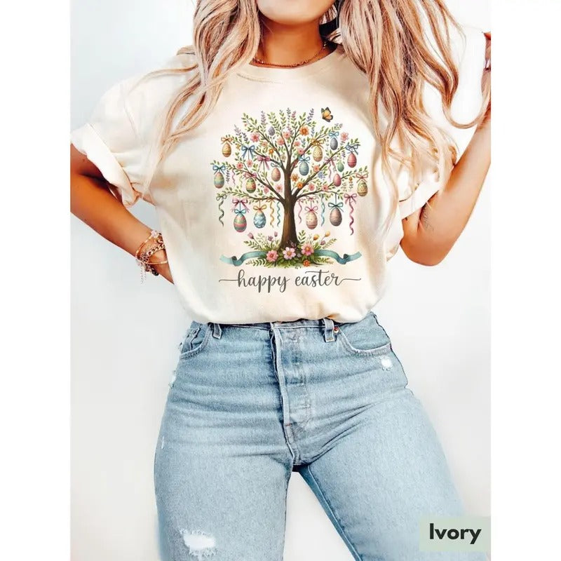 Easter Tree Happy Cute Pastel Egg - Adult & Kids T-Shirts, Sweatshirts & Hoodies apparel design preview 1