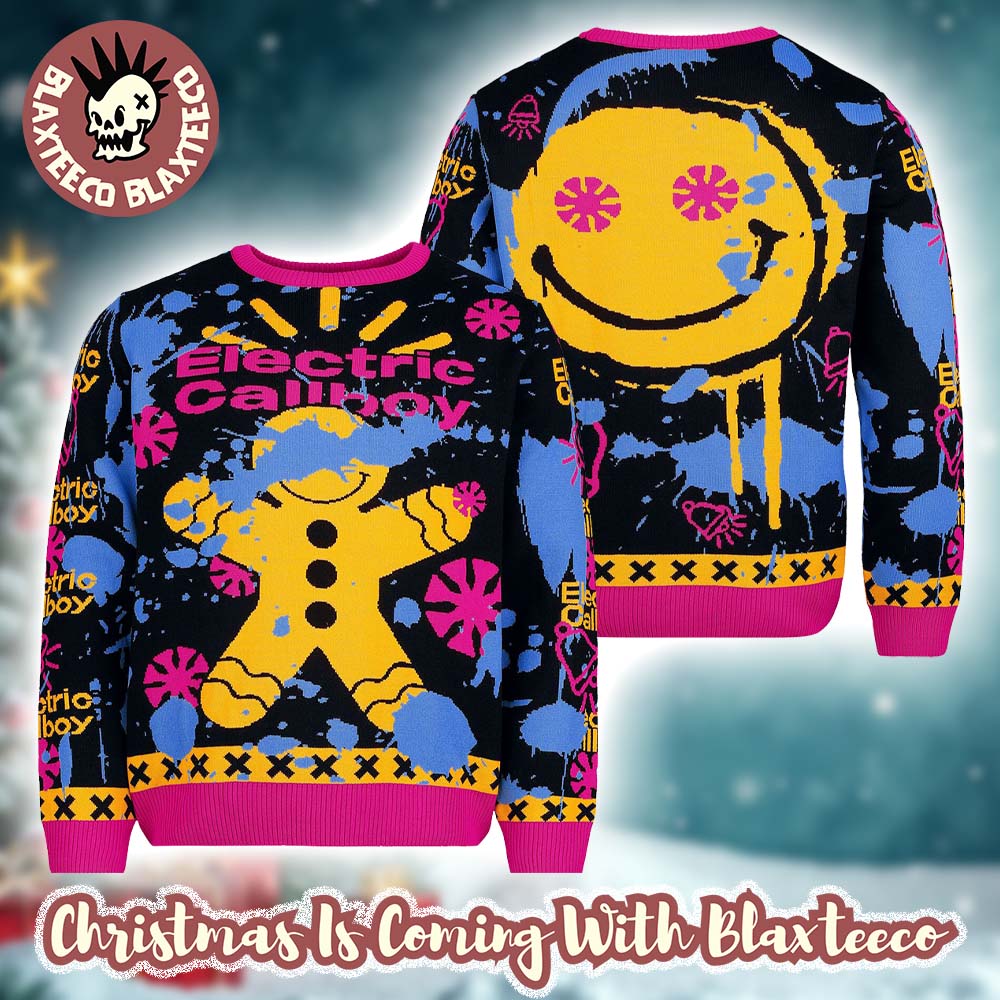 Electric Callboy Gingerbread Man And Smiley Face Splatter Color Christmas Jumper Multicolour Christmas Sweater - Holiday Gift product image