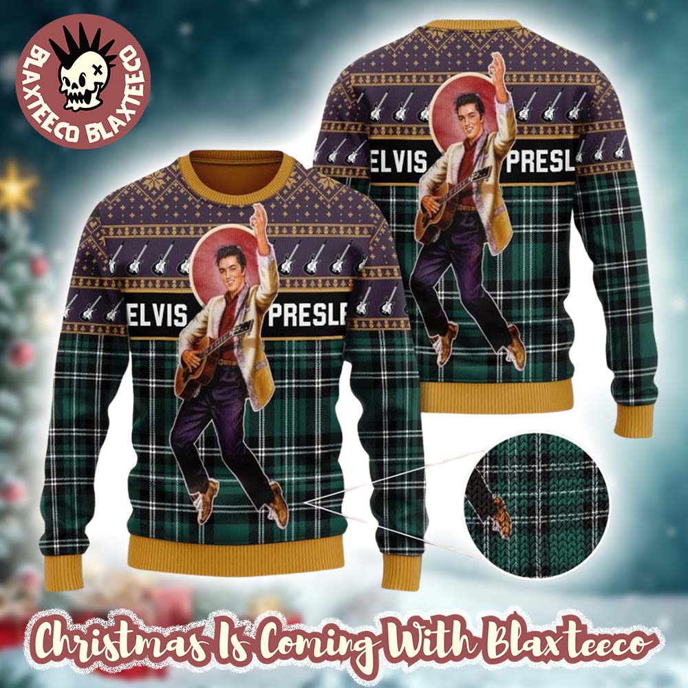 Elvis Presley Signature Posing With His Guitar Green Plaid Pattern Ugly Christmas Sweater - Holiday Gift product image