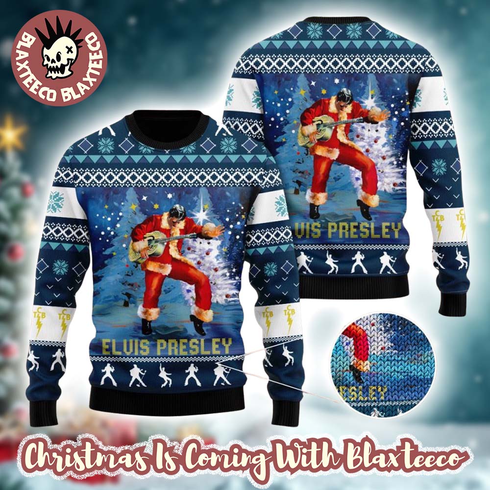 Elvis Presley With Santa Claus Costume Playing Guitar Gift For Fans Ugly Christmas Sweater - Holiday Gift product image