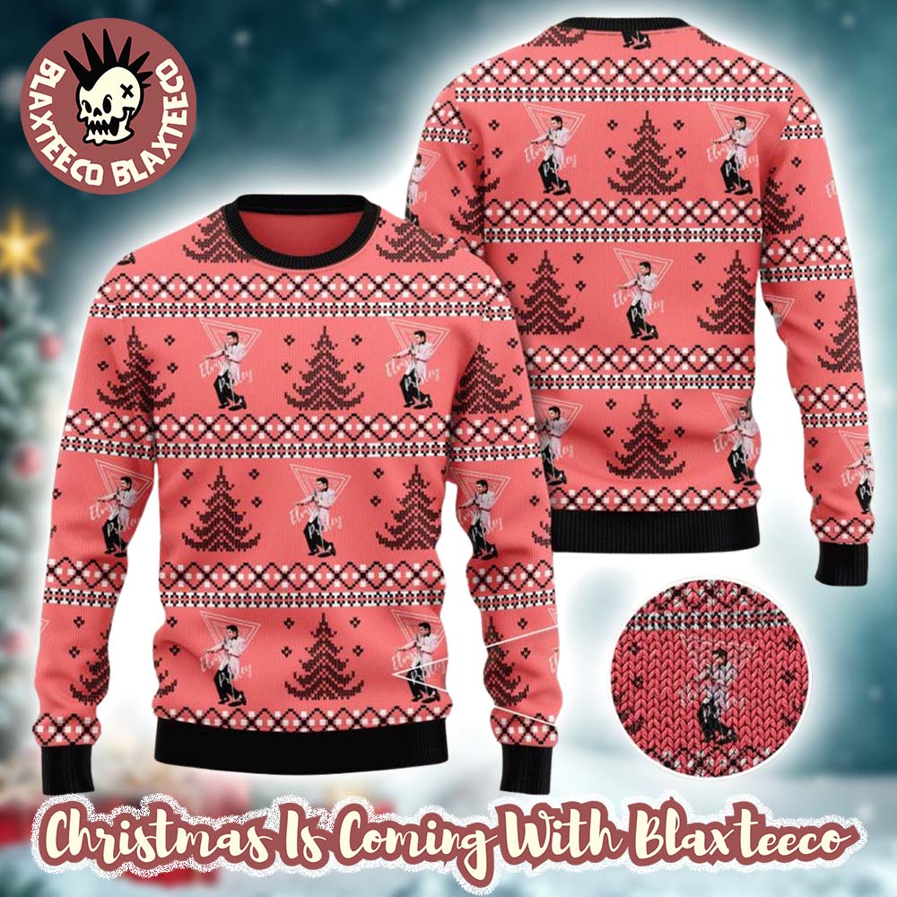Elvis Presley With Xmas Tree Pattern Cute Pink Ugly Christmas Sweater - Holiday Gift product image