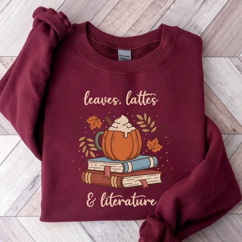 Fall Book Leaves Latte Literature Bookish Teacher - Adult & Kids T-Shirts, Sweatshirts & Hoodies apparel design preview 1