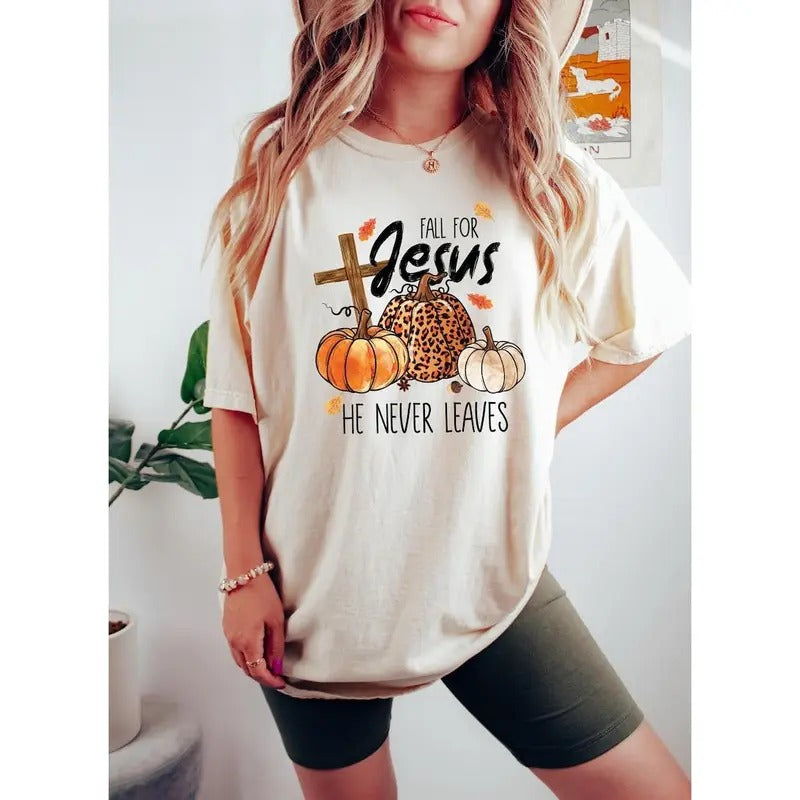 Fall Jesus He Never Leaves Autumn Thanksgiving - Adult & Kids T-Shirts, Sweatshirts & Hoodies apparel design preview 1