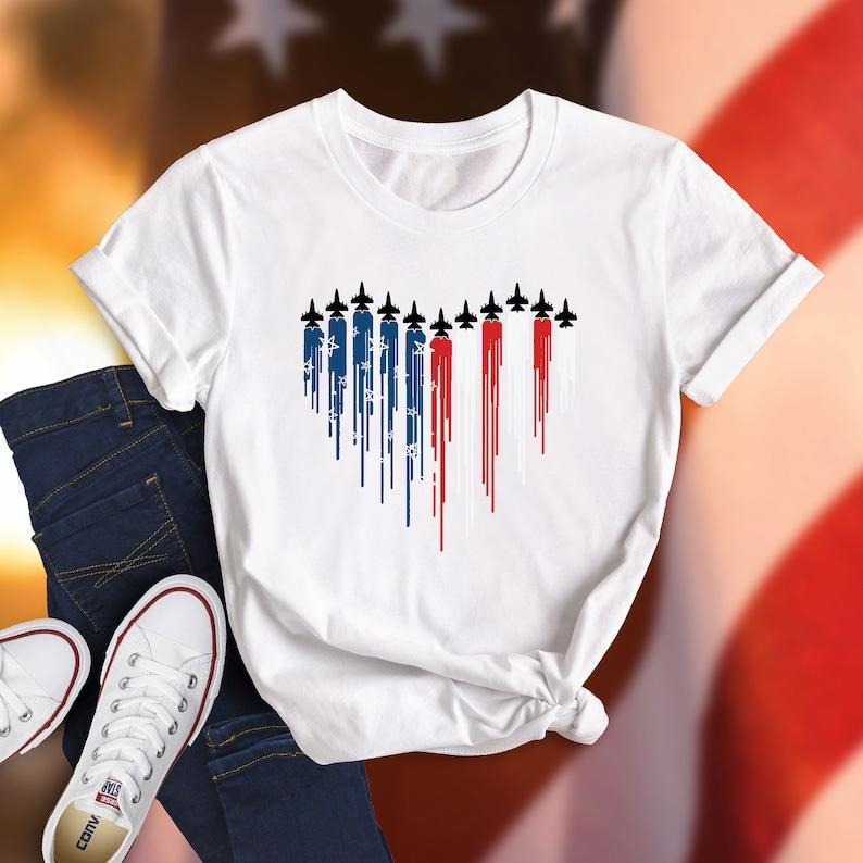 Fighter Jet American Flag Heart Air Force Flyover 4th - Adult & Kids T-Shirts, Sweatshirts & Hoodies apparel design preview 1