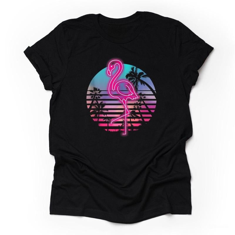 Flamingo Super Fun Retro 80s Neon Palm Trees - Adult & Kids T-Shirts, Sweatshirts & Hoodies apparel design preview 1