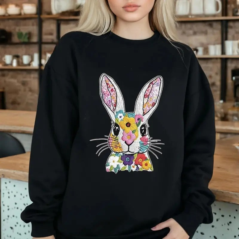 Floral Bunny Easter Casual Street Fleece Fabric Tops - Adult & Kids T-Shirts, Sweatshirts & Hoodies apparel design preview 1