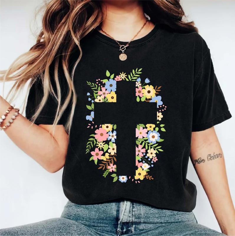 Floral Cross Christian Easter Religious Mom Woman - Adult & Kids T-Shirts, Sweatshirts & Hoodies apparel design preview 1