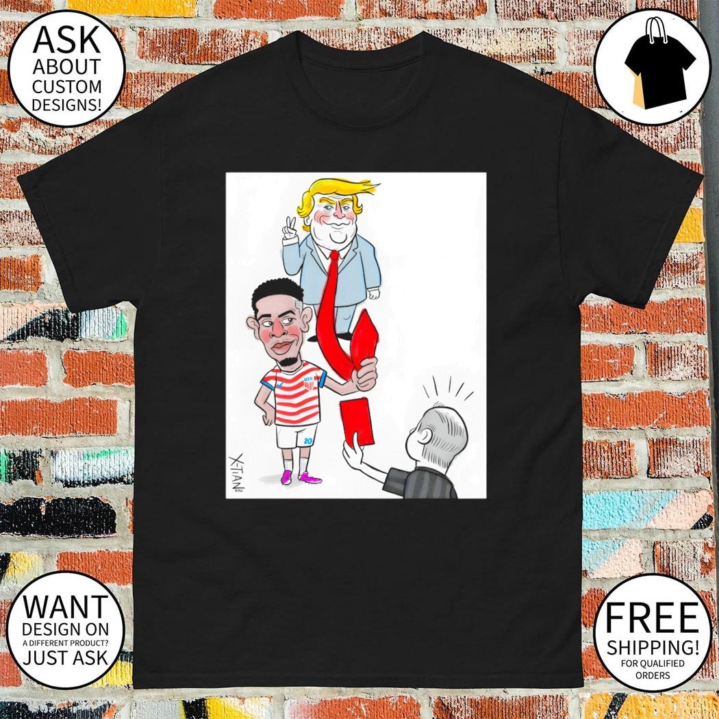 Folarin Balogun cartoon holding Trump tie Red Card - Adult & Kids T-Shirts, Sweatshirts & Hoodies apparel design preview 1