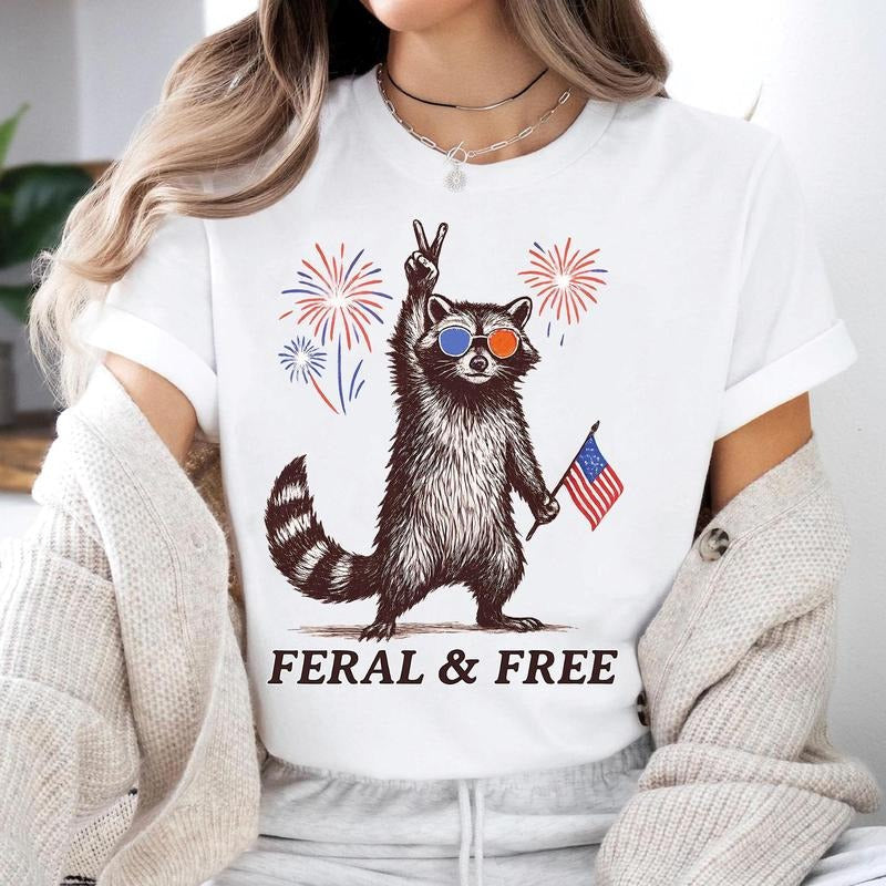 Funny 4th July Feral Free Raccoon American Girl - Adult & Kids T-Shirts, Sweatshirts & Hoodies apparel design preview 1