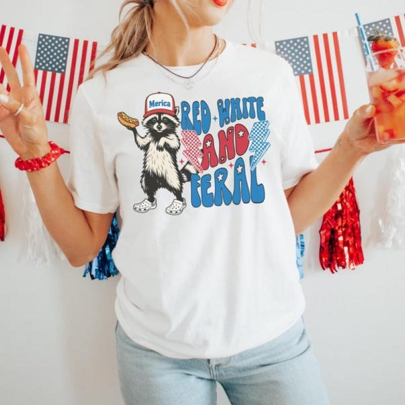 Funny 4th July Feral Raccoon Girl Red White - Adult & Kids T-Shirts, Sweatshirts & Hoodies apparel design preview 1