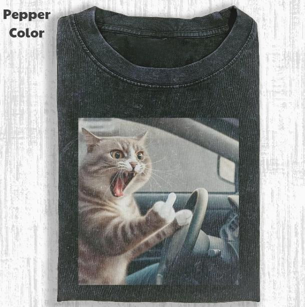 Funny Animal Vintage Cat Middle Finger Meme Cringe - Adult & Kids T-Shirts, Sweatshirts & Hoodies apparel design preview 1