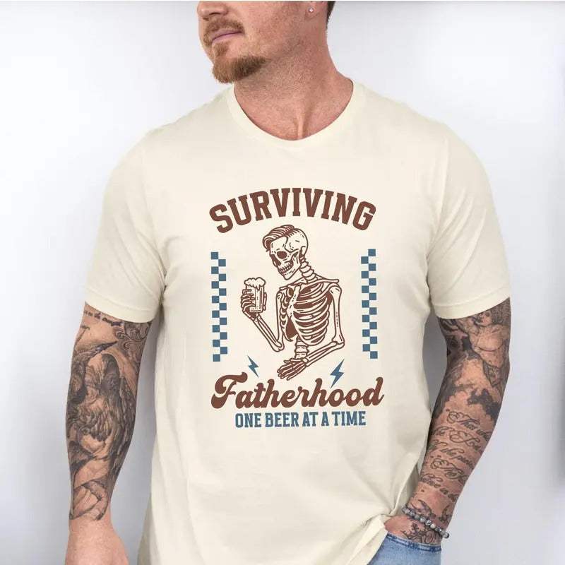 Funny Fatherhood Surviving One Beer Time Sarcastic - Adult & Kids T-Shirts, Sweatshirts & Hoodies apparel design preview 1