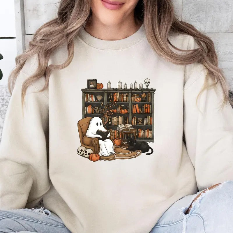Funny Ghost Reading Halloween Top Black Cat Jumper - Adult & Kids T-Shirts, Sweatshirts & Hoodies apparel design preview 1