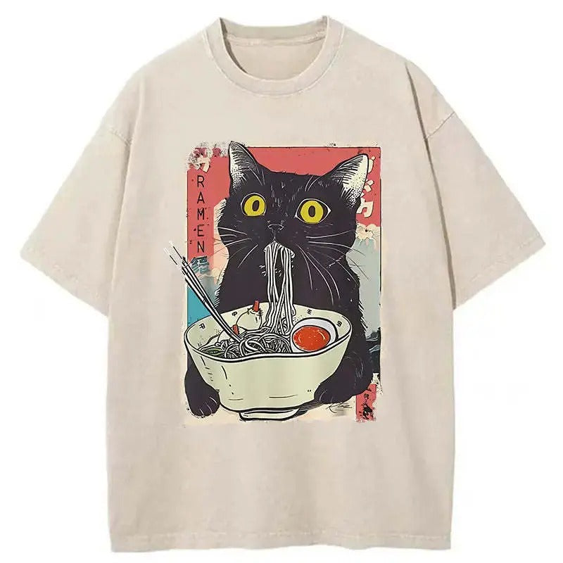 Funny Meme Noodle Cat Ramen Foodie Lover Black Retro - Adult & Kids T-Shirts, Sweatshirts & Hoodies apparel design preview 1