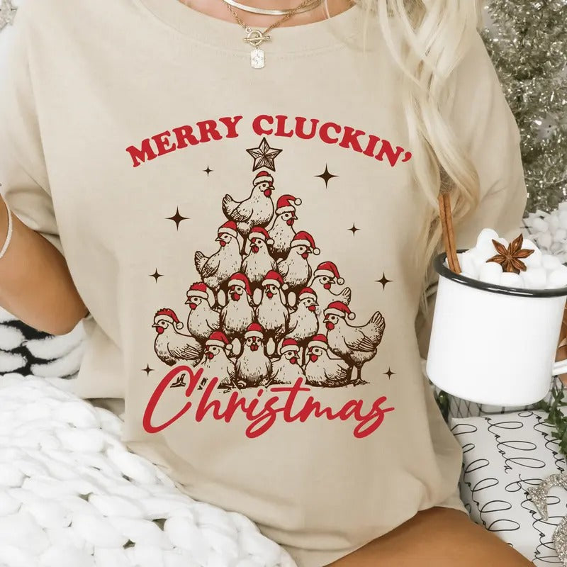 Funny Merry Cluckin' Casual Soft Short Sleeve Printed - Adult & Kids T-Shirts, Sweatshirts & Hoodies apparel design preview 1