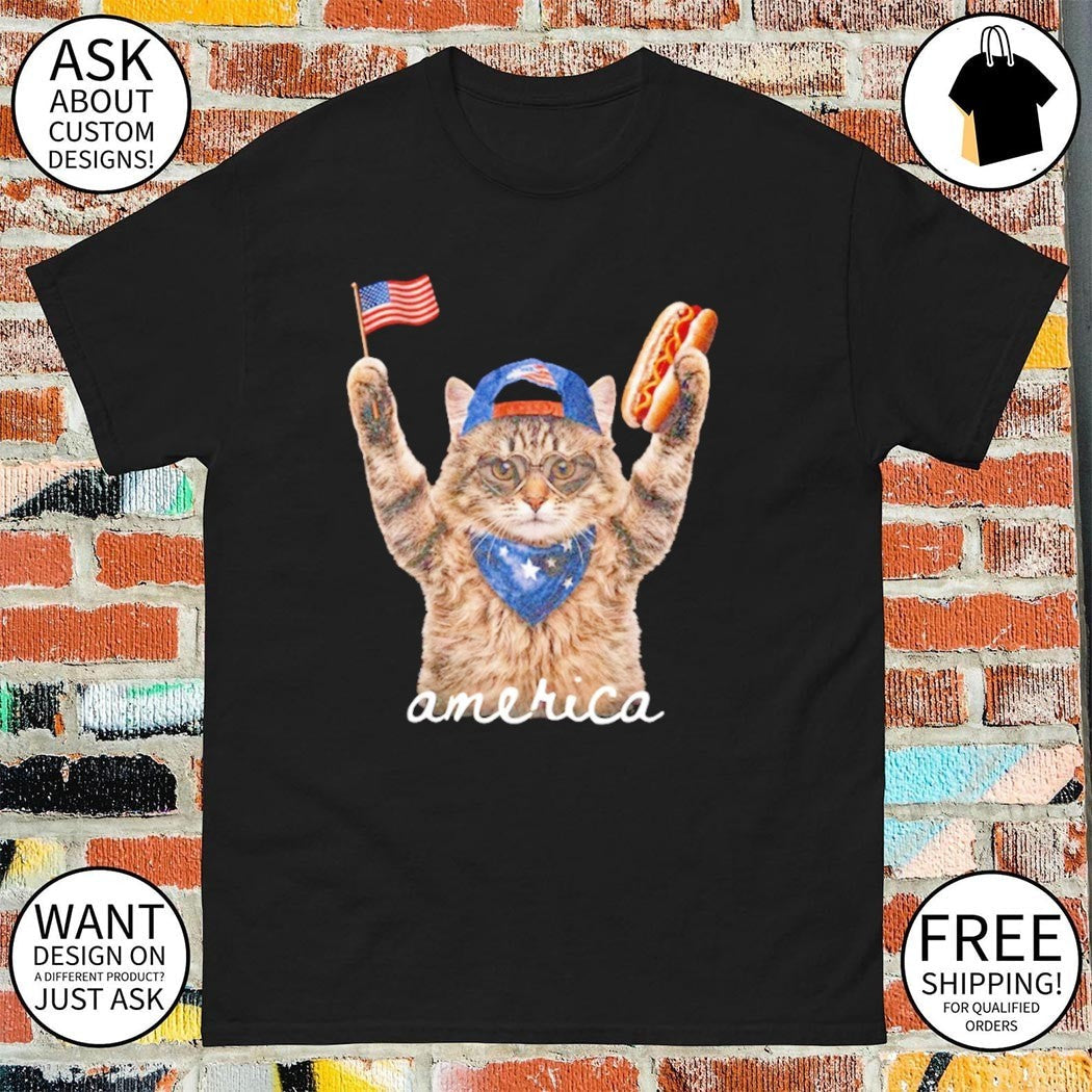 Funny Patriotic Cat American Flag Hot Dog Fourth Of - Adult & Kids T-Shirts, Sweatshirts & Hoodies apparel design preview 1