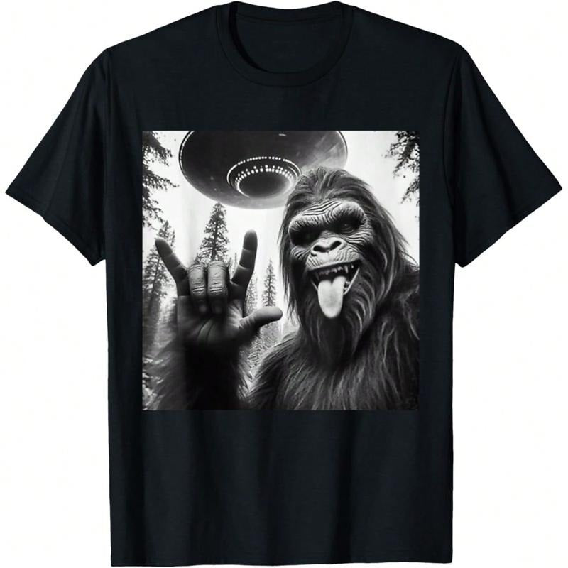 Funny Sasquatch Bigfoot Rock Selfie UFO Alien Cotton - Adult & Kids T-Shirts, Sweatshirts & Hoodies apparel design preview 1