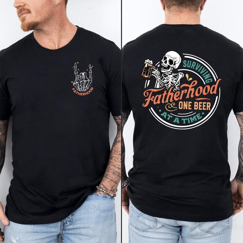 Funny Skeleton Dad Surviving Fatherhood One Beer Time - Adult & Kids T-Shirts, Sweatshirts & Hoodies apparel design preview 1