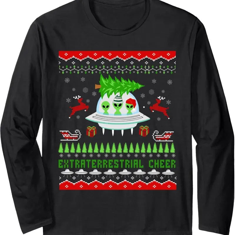 Funny Ugly Alien UFO Santa Reindeer Tree - Adult & Kids T-Shirts, Sweatshirts & Hoodies apparel design preview 1